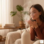 Zbliżenie na biały dyfuzor ceramiczny PureSense uwalniający delikatną mgiełkę zapachową na drewnianym blacie.Zbliżenie na biały dyfuzor ceramiczny PureSense uwalniający delikatną mgiełkę zapachową na drewnianym blacie