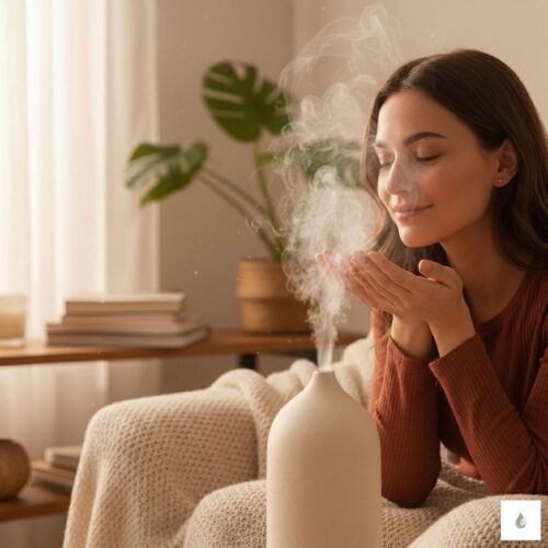 Zbliżenie na biały dyfuzor ceramiczny PureSense uwalniający delikatną mgiełkę zapachową na drewnianym blacie.Zbliżenie na biały dyfuzor ceramiczny PureSense uwalniający delikatną mgiełkę zapachową na drewnianym blacie