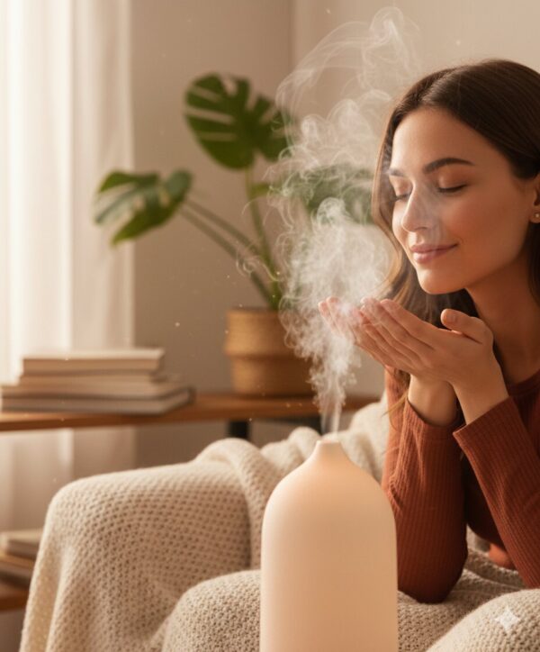 Kobieta relaksująca się przy aromaterapii z użyciem ceramicznego dyfuzora PureSense w przytulnym salonie.