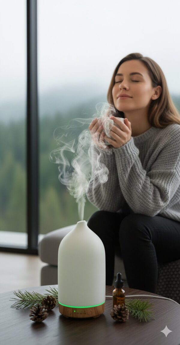 Młoda kobieta relaksująca się z kubkiem napoju przy działającym dyfuzorze PureSense z zielonym podświetleniem LED na tle lasu.