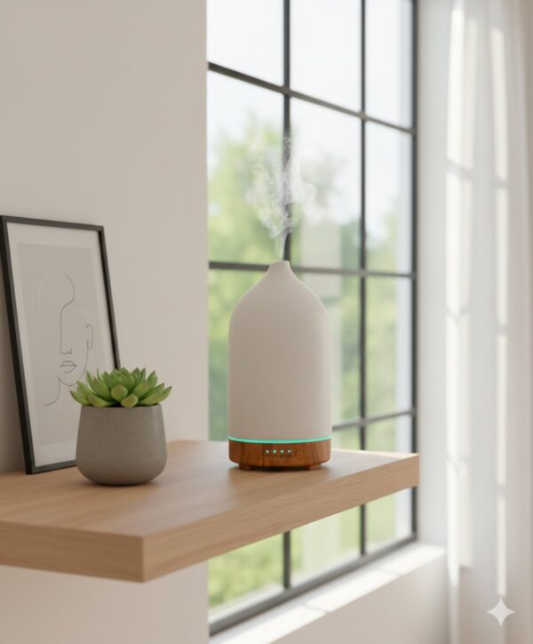 Ceramiczny dyfuzor PureSense z delikatną mgiełką i turkusowym podświetleniem LED, ustawiony na drewnianej półce obok sukulenta w nowoczesnym, jasnym wnętrzu.