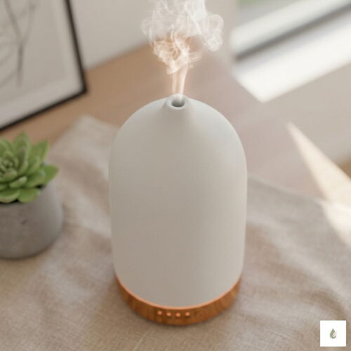 Biały ceramiczny dyfuzor PureSense emitujący delikatną, zimną mgiełkę zapachową na tle jasnego wnętrza