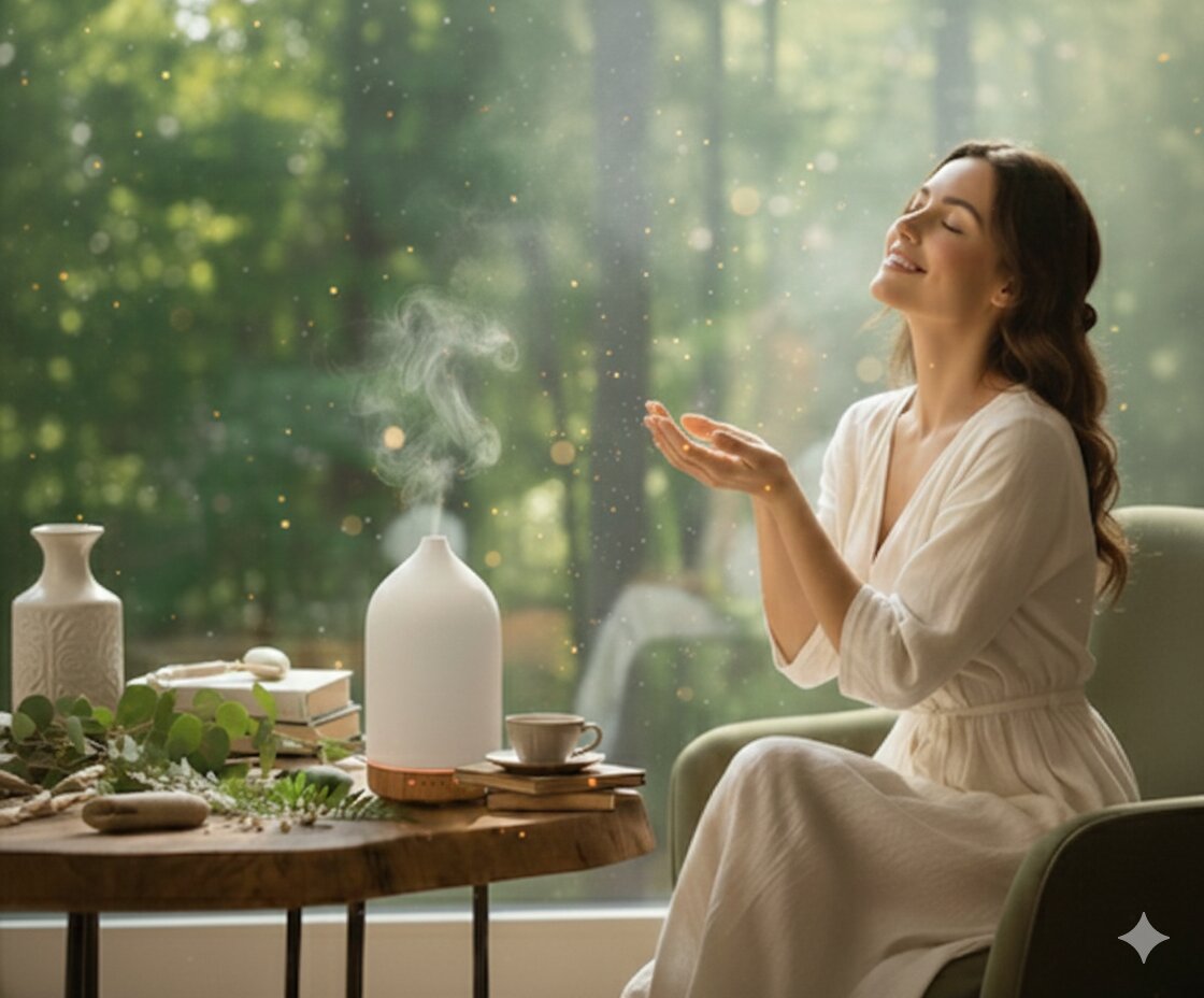 Kobieta w białej sukience relaksująca się przy ceramicznym dyfuzorze PureSense na tle dużego okna z widokiem na las.
