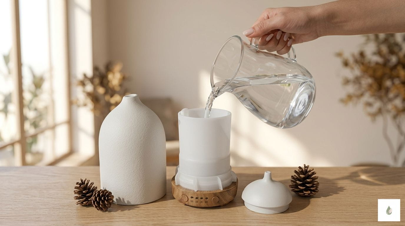 Kobieta nalewa wodę z szklanego dzbanka do otwartego dyfuzora PureSense Pure Beige na drewnianej podstawie