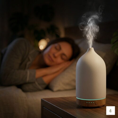 Kobieta śpiąca w ciemnej sypialni obok białego ceramicznego dyfuzora PureSense emitującego mgiełkę