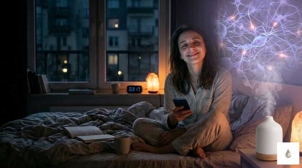 Uśmiechnięta kobieta w sypialni korzystająca z białego dyfuzora ceramicznego z olejkiem lawendowym, z fioletową wizualizacją uspokojonych neuronów nad głową.
