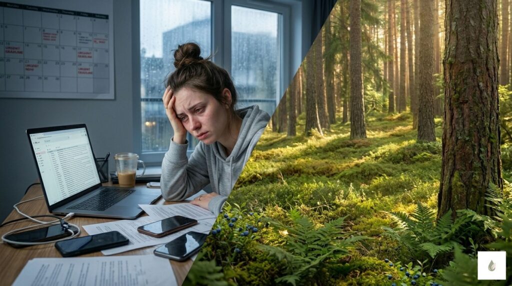 Panoramiczne porównanie (dysonans) zmęczonej kobiety w chaotycznym, zimnym biurze z dzwoniącymi telefonami (lewa) oraz kojącego, słonecznego lasu sosnowego (prawa). Grafika ilustruje potrzebę aromaterapii i użycia dyfuzora PureSense dla redukcji stresu