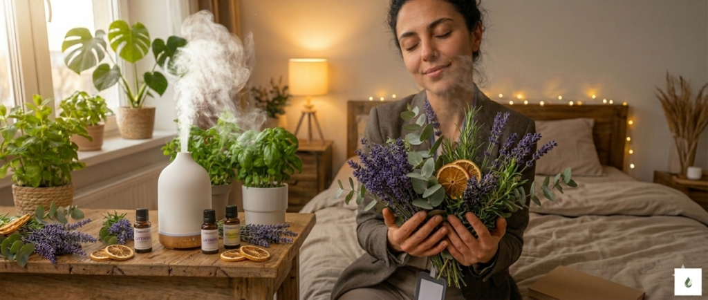 Kobieta z zamkniętymi oczami i delikatnym uśmiechem trzymająca bukiet ziół i lawendy, siedząca obok działającego dyfuzora PureSense w nastrojowej, wieczornej sypialni