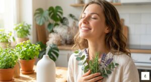 Uśmiechnięta kobieta wdychająca parę z białego ceramicznego dyfuzora PureSense, trzymająca bukiet świeżej lawendy, rozmarynu i eukaliptusa w jasnej kuchni pełnej roślin.