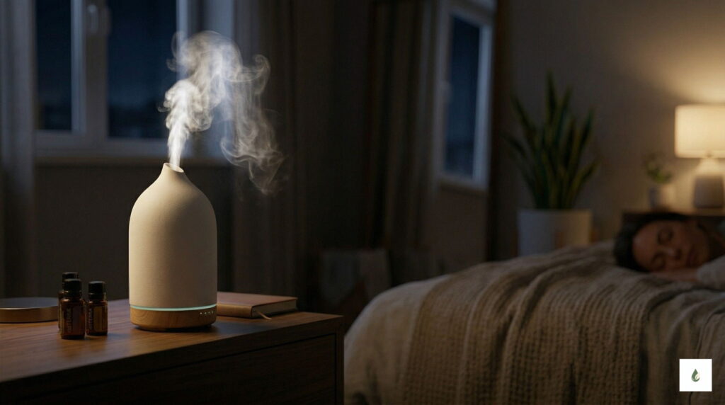 Zbliżenie na biały ceramiczny dyfuzor PureSense na drewnianym stoliku nocnym, uwalniający gęstą mgiełkę olejków eterycznych