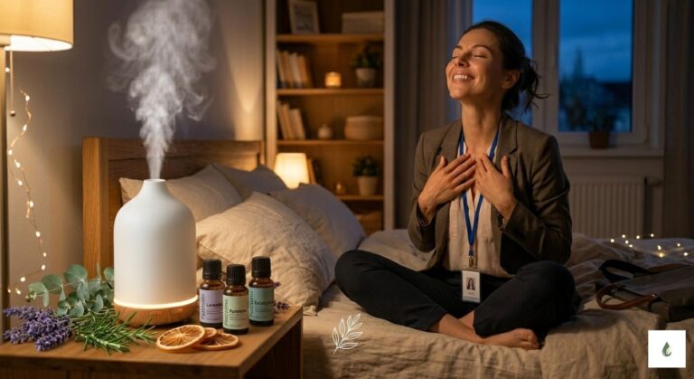 Relaksująca się kobieta pijąca herbatę przy dyfuzorze zapachowym PureSense w przytulnym salonie wieczorem