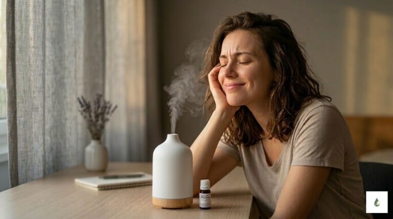 Zrelaksowana kobieta z zamkniętymi oczami wdychająca parę z dyfuzora zapachowego PureSense.