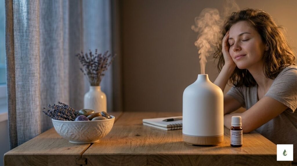 Kobieta masująca skronie z powodu bólu głowy, siedząca przy biurku obok działającego białego dyfuzora PureSense