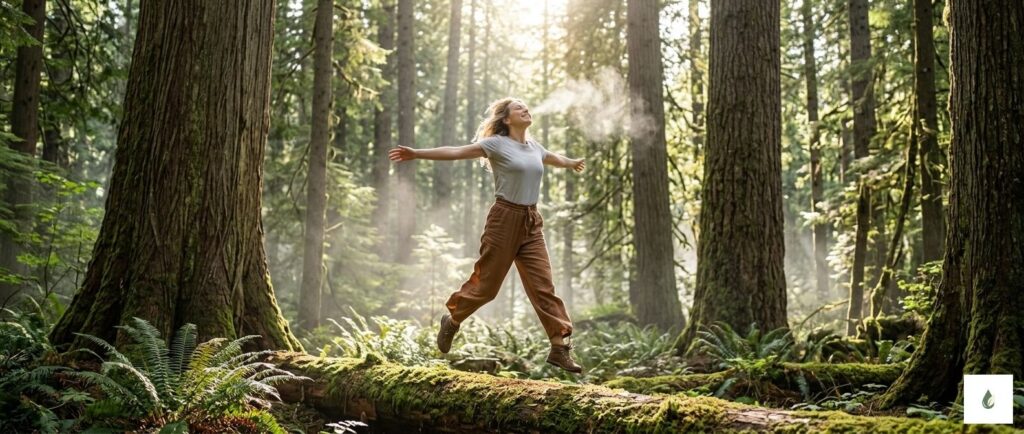 Panoramiczne ujęcie radosnej kobiety skaczącej wśród wysokich drzew iglastych, symbolizujące energię i wolność po aromaterapii cedrem