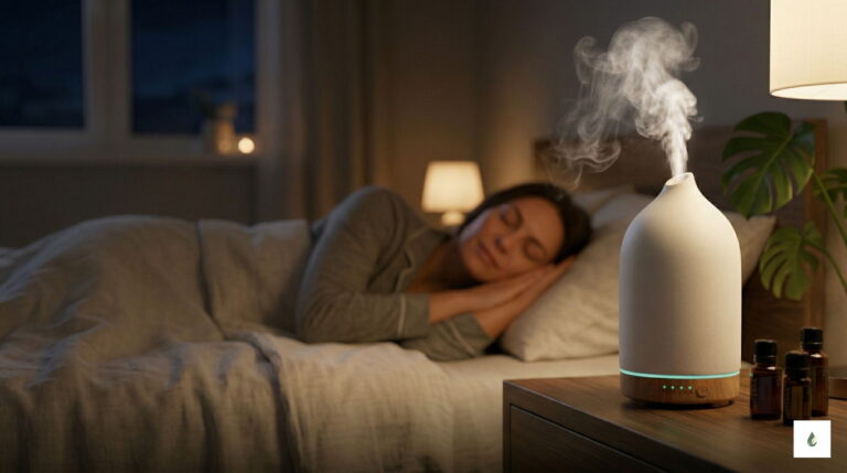 Kobieta śpiąca spokojnie w ciemnej sypialni obok ceramicznego dyfuzora PureSense uwalniającego mgiełkę – naturalne sposoby na bezsenność