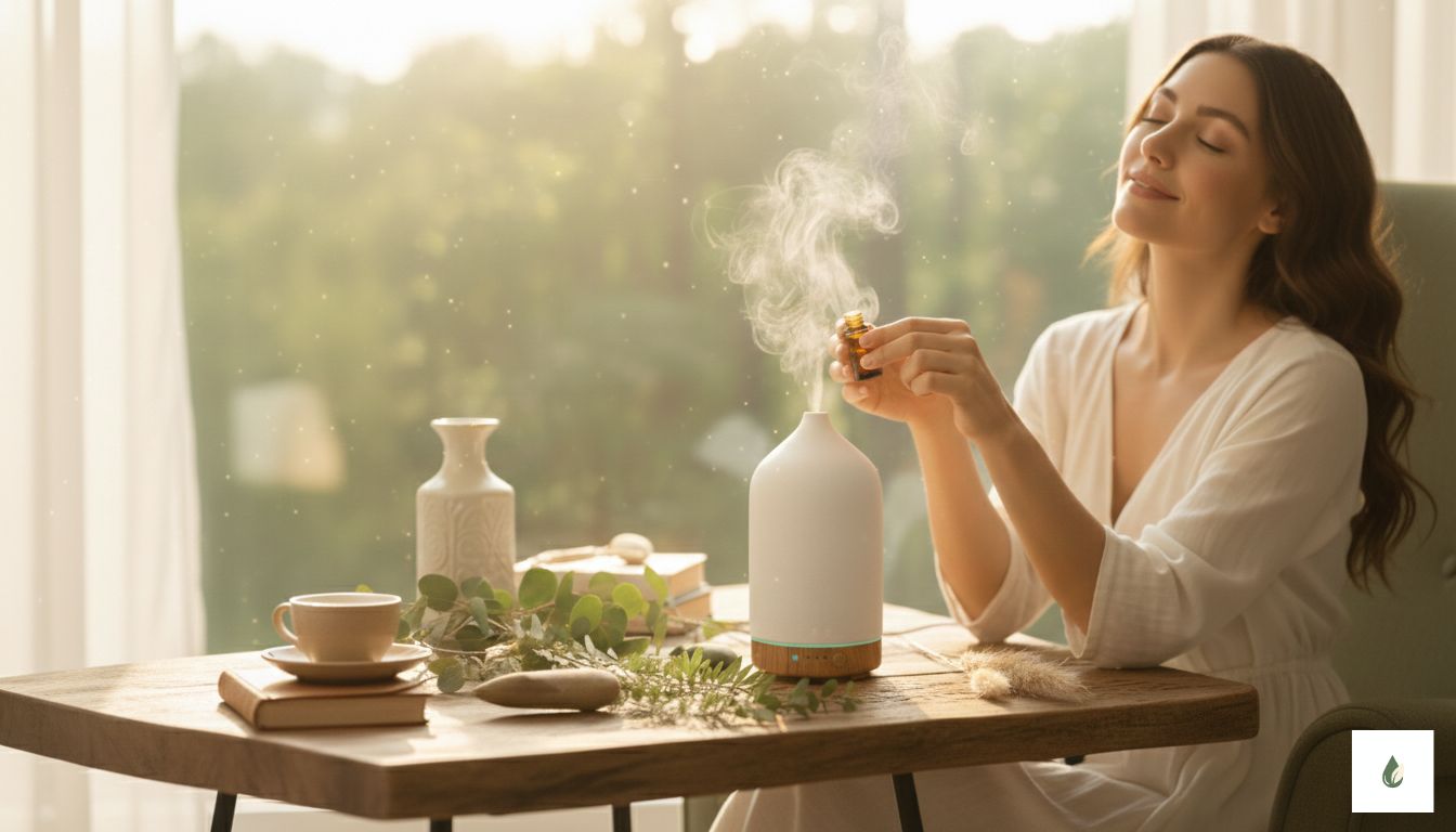 Uśmiechnięta kobieta w słońcu wdycha kojący zapach aromaterapii z ceramicznego dyfuzora Puresense, trzymając świeżą lawendę i rozmaryn